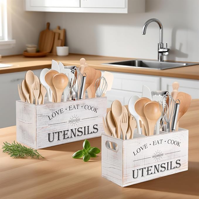 2 PC Wooden Utensil Holder, (With 4-Compartments size*1 + 3-Compartments - Image 7