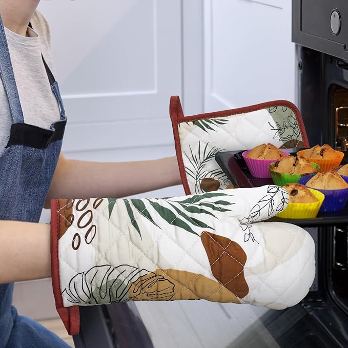 Boho Leaf Oven Mitts and Pot Holders Sets 4Pcs, 100% Cotton Heat Resistant - Image 6