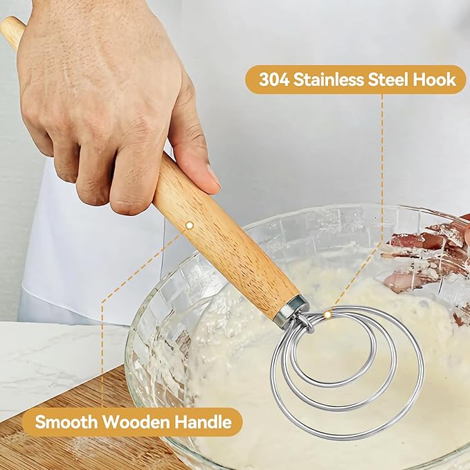 Danish Dough Whisk Dutch Bread Mixer Stainless Steel Hook Wooden Handle Baking - Image 7