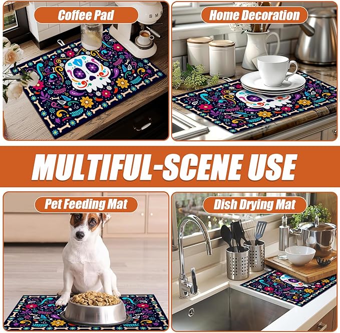 Sugar Skull Dish Drying Mat for Kitchen Counter Microfiber Absorbent Dish Day - Image 7