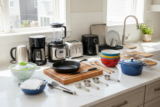Collection of must-have home and kitchen essentials for American households in 2026, including cookware, storage, and organization items