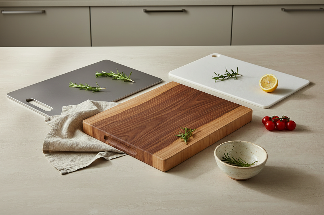 Comparison of titanium, wood, and plastic cutting boards side by side for durability and hygiene