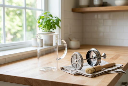 Glass French press with detached stainless steel filter, cleaning brush, and linen towel on a kitchen counter.