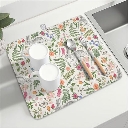 Easter Bunny Dish Drying Mat for Kitchen Counter, Colorful Flowers Sage Green - Image 7