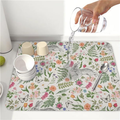Easter Bunny Dish Drying Mat for Kitchen Counter, Colorful Flowers Sage Green - Image 5
