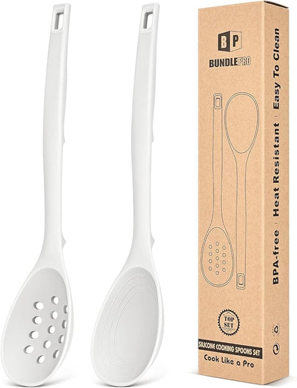 Pack of 2 Silicone Cooking Spoons, Non Stick Solid Kitchen Spoon by BUNDLEPRO