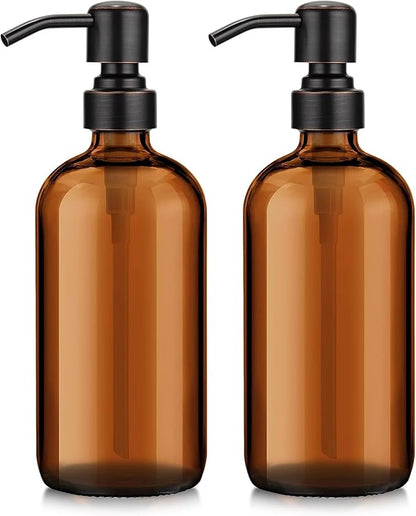 AmazerBath Amber Glass Soap Dispensers, 2 Glass Amber Pump Bottles, 17 Oz Dish by AmazerBath