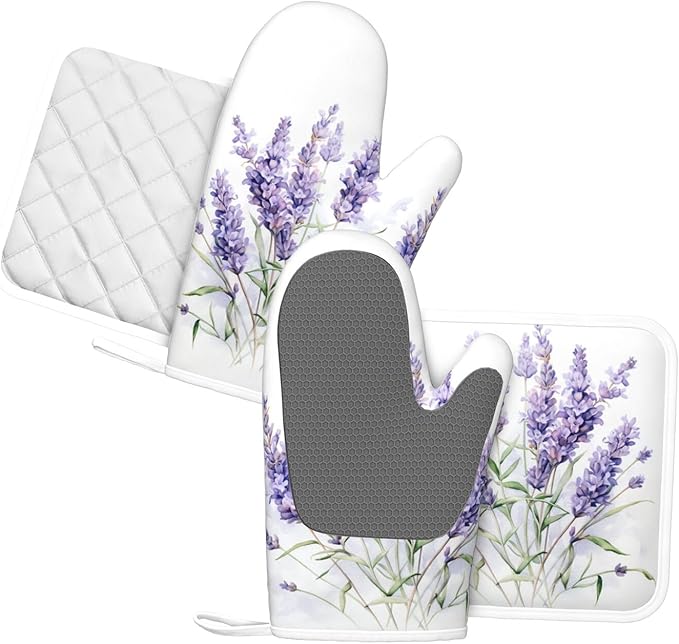Oven Mitts and Pot Holders Lavender Watercolor Flower Floral Silicone Kitchen - Image 2