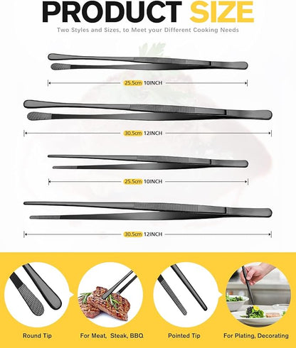 4 Pcs Fine Long Tweezer Tongs Professional Black, Sea food and BBQ - Image 4