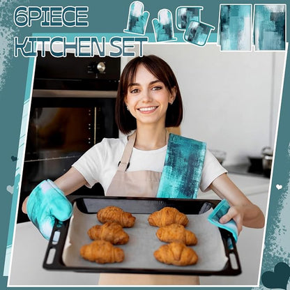 Bencailor 6 Pcs Teal Kitchen Accessories Teal Kitchen Towels Pot Holders and - Image 2