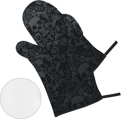 Victorian Gothic Black Skull Damask Oven Mitts and Pot Holders Sets of 4 - Image 2
