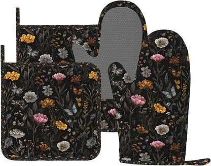 Oven Mitts and Pot Holders Flower Butterfly Boho Botanical Silicone Kitchen by DADABULIU