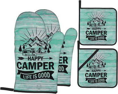 Happy Camper Oven Mitts and Pot Holders Sets of 4, Resistant Hot Pads by Nelife