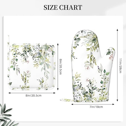 Sage Green Eucalyptus Oven Mitts and Pot Holders Sets Silicone Watercolor - Image 3