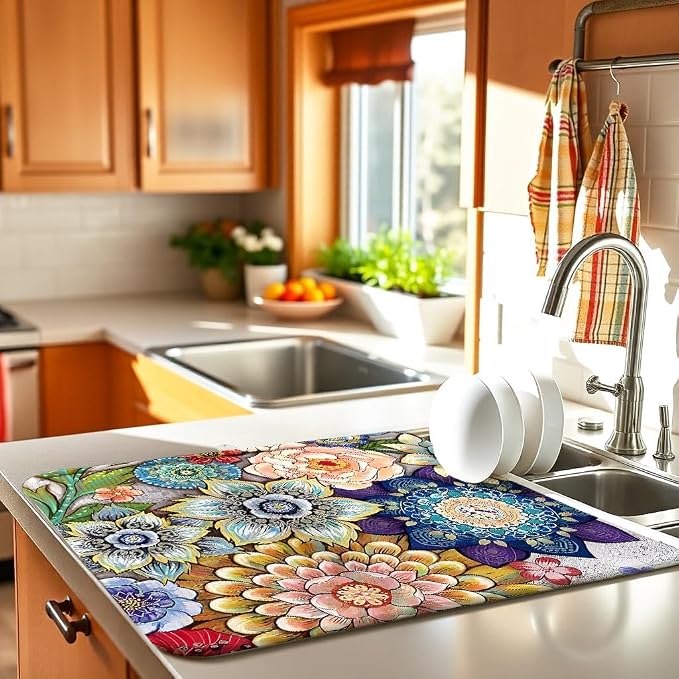 Spring Floral Large Dish Drying Mats, Reversible Dish Drying Pads - Image 2