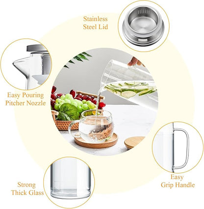 Hsei 2 Sets Glass Pitcher with Lid, 50 oz / 1500 ml Water Carafe with Handles - Image 4