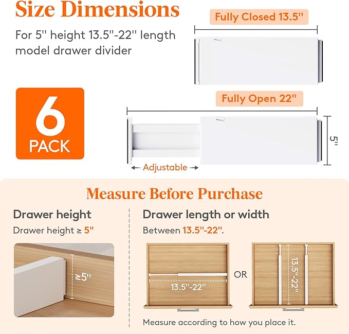Lifewit 6 Pack 5" High Drawer Dividers 34-56cm/13.5-22" Adjustable Drawer - Image 2