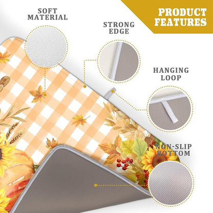 Autumn Maple Leaf Orange White Check Plaids Dish Drying Mat - Image 4