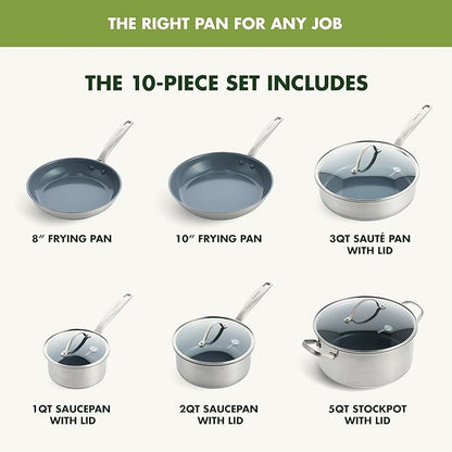 GreenPan Treviso 10 Piece Cookware Set, Non-Toxic PFAS-Free Stainless Steel - Image 3