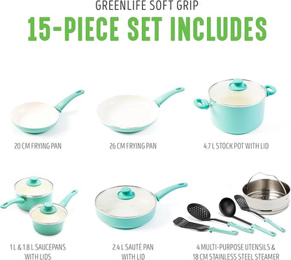GreenLife Soft Grip Healthy Ceramic Nonstick, 15 Piece Cookware Pots and Pans - Image 3
