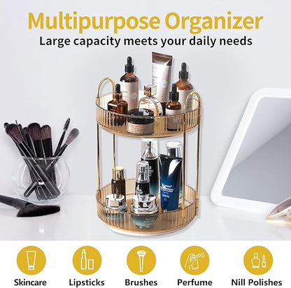Asayuee 360 Rotating Gold Makeup Organizer, 2 Tier Large Capacity Rotating - Image 6