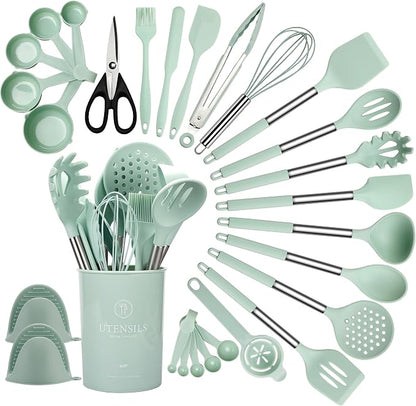 QMVESS Silicone Cooking Utensils Set, 446°F Heat Resistant Spatula, Spoons Set by QMVESS