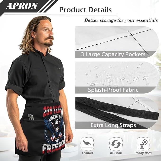 Server Apron with 3 Pockets, Waterproof Oil Waitress Waiter Half Apron - Image 6