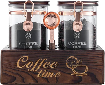 Glass Coffee Canister Set with Torched Wood Shelf, 2 Pack 45oz Airtight Storage by Unknown