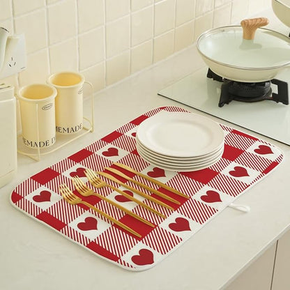 Happy Valentines Day Dish Drying Mat 18 x 24 inch Red Checkered Love Hearts - Image 4