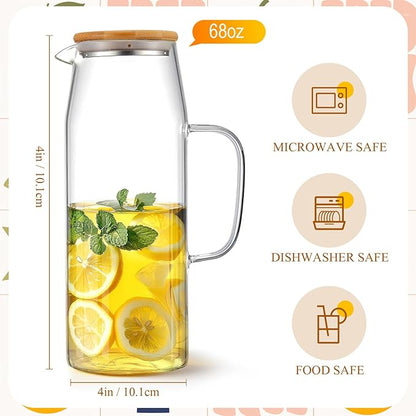 Hsei 2 Sets Glass Pitcher with Lid, 67.6 oz / 2000 ml Water Carafe with Handles - Image 2