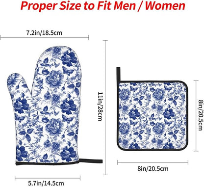 Blue and White Porcelain Floral Butterfly Oven Mitts and Pot Holders Set of 4 - Image 3
