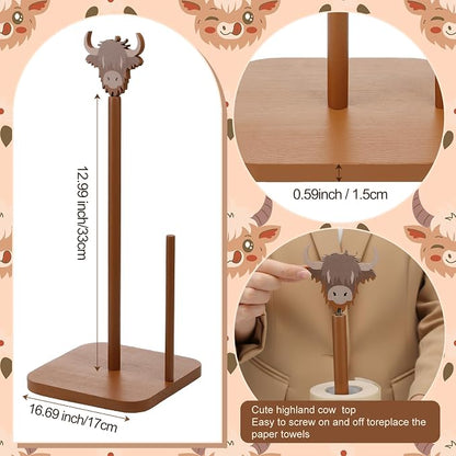 Leinuosen Brown Paper Towel Holder Cute Highland Cow Wooden Paper Towel Holder - Image 2
