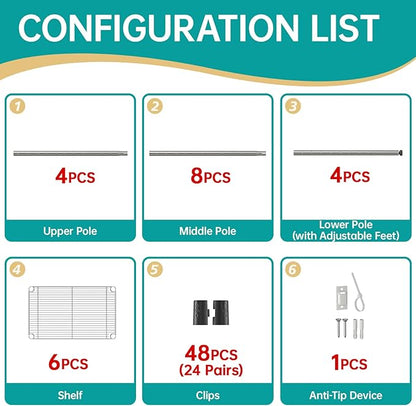 SINGAYE 6 Tier Shelf Wire Shelving Adjustable Storage Shelves Rack Standing - Image 6