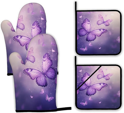 Purple Butterfly Oven Mitts and Pot Holders Set, Sparkling Kitchen Oven Gloves by Unknown
