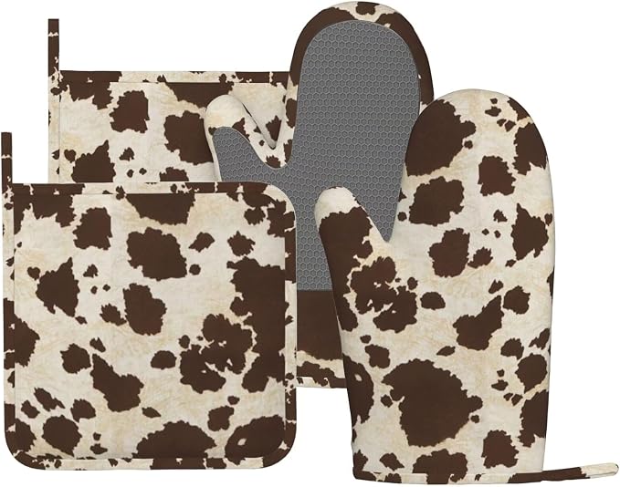 Brown Cowhide Oven Mitts and Pot Holders Sets Silicone Brown Cow Print Kitchen by MIFSOIAVV