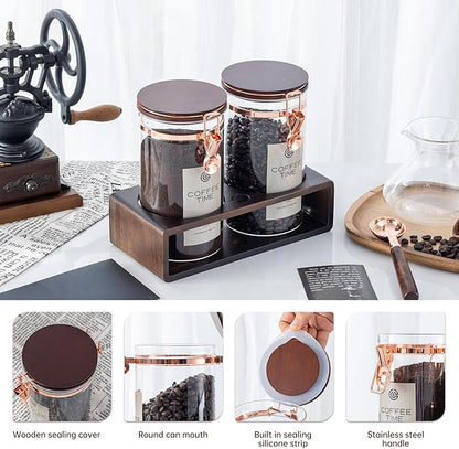 Glass Coffee Canister Set with Wooden Shelf, 2 Pack 45oz Airtight Food Storage - Image 4