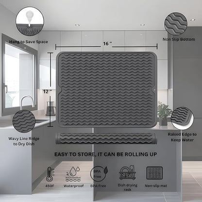 Silicone Drying Mat 16 × 12 – Dark Gray Non-Slip Sink Mat - Image 2