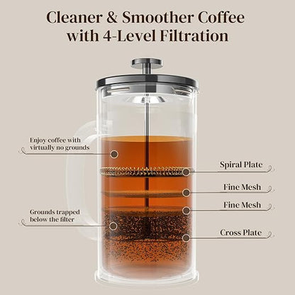 Veken French Press Coffee Maker 34oz, No Plastic Touching Cafe, Thickened Glass - Image 7