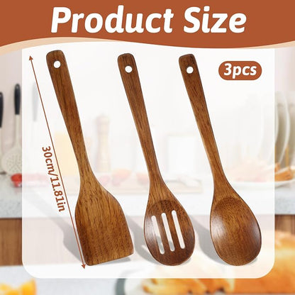 3PCS Wooden Spoons for Cooking 12 inch Non Scratch Woodens Spatulas Set - Image 2