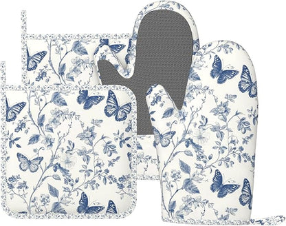 Oven Mitts and Pot Holders Butterfly Flower Vintage Blue Silicone Kitchen by DADABULIU