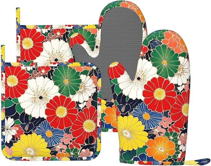 Oven Mitts and Pot Holders Flower Ethnic Art Pattern Silicone Kitchen by DADABULIU