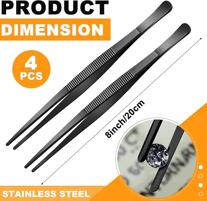 Yaomiao 4 Packs 8 Inch Bar Tweezers Black Cocktail Tongs Long Garnish Tweezers - Image 2