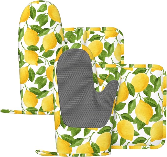 Lemon Oven Mitts and Pot Holders Sets of 4, Resistant Hot Pads by Nelife