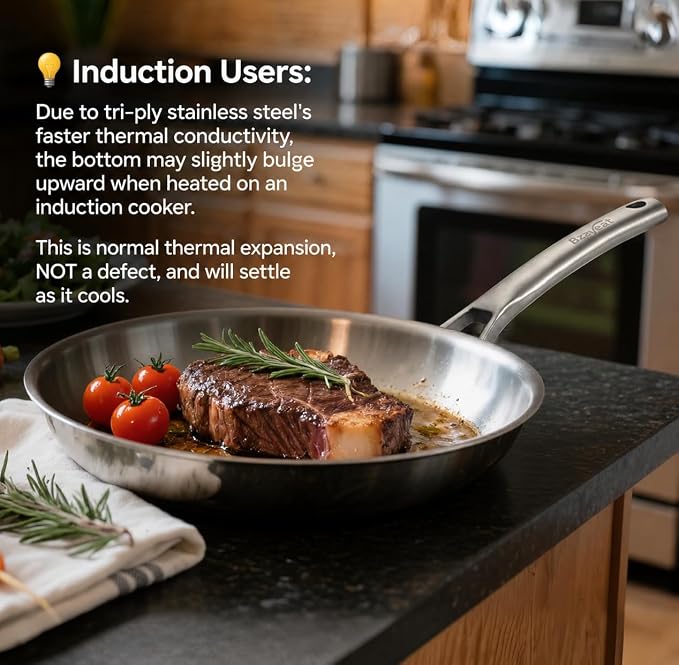 Chef's Frying Pan 12 Inch, Tri-Ply Clad Stainless Steel Skillet, Induction - Image 3