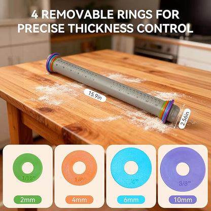 Adjustable Rolling Pin with Thickness Rings, 12.8" Silicone Non Stick Dough - Image 2