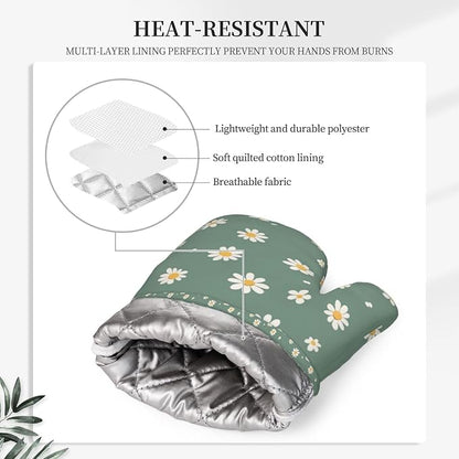 Oven Mitts and Pot Holders Daisy Flower Green Silicone Kitchen Accessories Set - Image 4