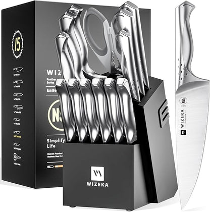 WIZEKA Kitchen Knife Set with Block: Razor Sharp 15 Pcs Professional Chef Knife by WIZEKA