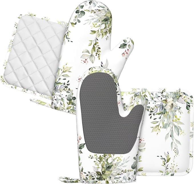 Sage Green Eucalyptus Oven Mitts and Pot Holders Sets Silicone Watercolor - Image 2