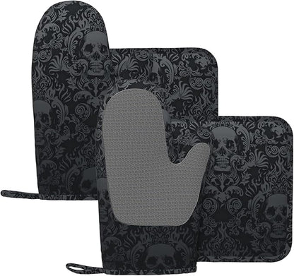 Gothic Skull Oven Mitts and Pot Holders Sets of 4, Resistant Hot Pads by Nelife