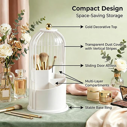 Makeup Brush Holder with Lid 360° Rotating 3-Compartment Makeup Organizers - Image 3